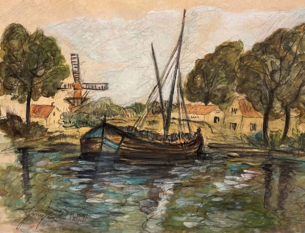 Paysage au moulin, réalisé et signé par Johan-Barthold Jongkind en 1877